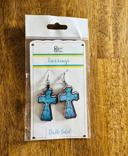 Chic & Crafty Double-Sided Blue Cross Dangle Earrings, Hook Closure picture