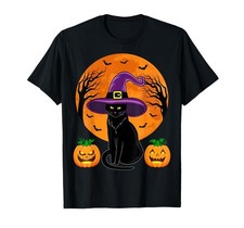 Cute Halloween Black Cat Witch Hat Pumpkin T-Shirt S-5XL Unisex A09 picture
