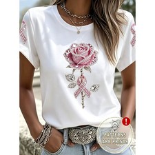 Rhinestone Style Pink Rose Breast Cancer Awareness Ribbon Women T‑Shirt picture