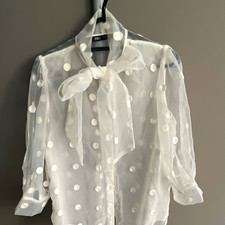 ZARA White Polka Dot Sheer Organza Collared Button Long Sleeve Blouse Size S picture