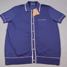 New PJ Paul Jones Knit Button Polo Shirt Mens L Blue Contrast Trim Short Sleeve picture