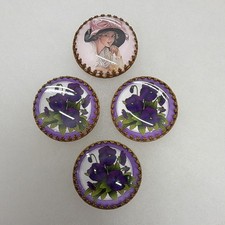 Vintage Czech Glass Style Buttons Lot of 4 Purple Pansies Victorian Lady picture