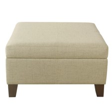 Square Storage Ottoman Cream Tan Polyester Fabric Wood Legs Upholstered Cube picture