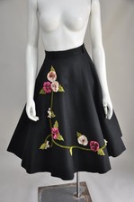 Vintage 1950s Hand Embellished Floral Black Wool Circle Skirt Fall Party XS picture
