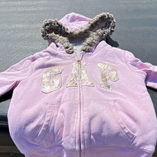 Gap Kids Girls Pink Full Zip Fleece Hoodie Faux Fur Trim Pockets Size 10 picture