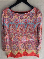 Talbots Paisley Border Print Shirt Womens L Large Coral Aqua Cotton 3/4 Sleeve picture
