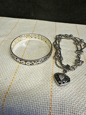 Brighton Signed Silver Tone Heart Crystal Bracelet & Scroll Bangle Set picture