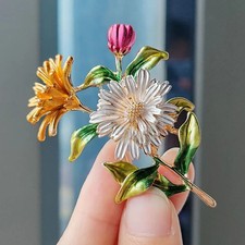 Vintage Enamel Flower Bouquet Brooch Floral Gold Leaf Pin Summer Gift Jewelry picture