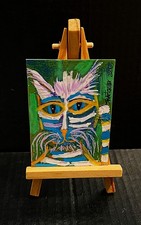 Original COLORFUL CAT painting POP ART ACEO 2.5x3.5 colorful SWARTZMILLER DNA picture