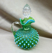 Fenton Lime Opalescent Hobnail Cruet stands 7” w/stopper. Read desc & pics. picture