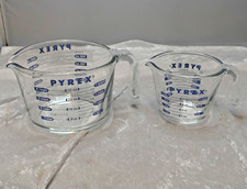 Vintage Pyrex Cobalt Blue Lettering Measuring Cups 4 Cup 1 Qt & 1 Cup 8 oz USA picture