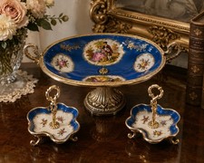 Antique AK France Limoges Cobalt Blue Gilt Porcelain 3 Pc Set Klingenberg c1900 picture