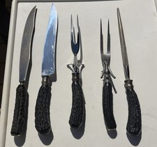 Vintage Universal 5 Pc Carving Set Sterling Silver Bands Stag Antler Horn Knife picture