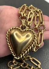 Vintage Runway Style Puffy Heart Necklace Paperclip Link Chain Gold Tone 20” picture