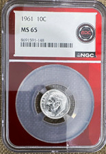 1961 Roosevelt Dime 10C 90% Silver Business Strike Philadelphia NGC MS65 picture
