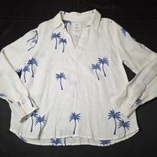 Calypso St Barth Shirt Womens Large White Blue Linen Palm Tree Tunic Top picture
