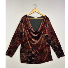 Boho Whimsigoth Coldwater Creek Womens 2X Red Paisley Velvet Drape Neck Top picture