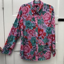 Talbots Shirt Womens Large Pink Teal Floral Cotton Button Up Long Sleeve Blouse picture