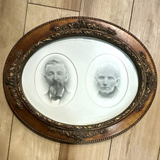 Antique Victorian Double Oval Picture Frame &Charcoal Portraits Man Woman 19th C picture