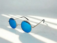 Retro Round Silver Metal Frame Blue Tinted Sunglasses Lightweight Men picture