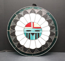 Vintage Stained Glass Hopi Kachina Doll Sun Face Dancer Window Panel round 18