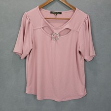 Louise Paris Blouse Top Womens PL Pink Stretch Rhinestone Brooch Keyhole Modern picture