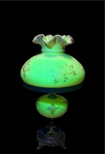 Fenton Burmese Uranium Glass Student Lamp Hand Painted Roses Signed K. Haught picture