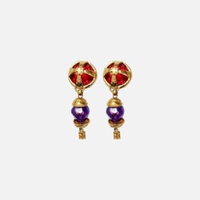 Vintage 80s Robert Rose Runway Gold Red Purple Glass Dangle Clip On Earrings picture