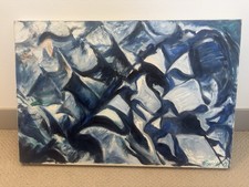 M Bender Signed Large Abstract Blue & White Canvas Painting, Unframed picture