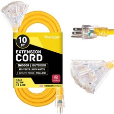 10 Ft Lighted Outdoor Extension Cord -3 Power Outlets-10/3 Yellow 10 Gauge Cable picture