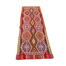 Vintage Turkish Anatolian Kilim Rug 148x60” Handwoven Geometric Wool 12’4” x 5’ picture