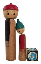 Vintage Creative Kokeshi Doll Pair w/ Winter Hat & Scarf Designs 10-14cm, 4-5.5