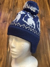 True Vintage 1977 Scott USA Ski Hat Beanie Navy Blue Wool Pom Pom picture