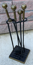 VTG Antique SOLID BRASS & IRON Fireplace Tool SET 4 - POKER SHOVEL TONGS STAND picture