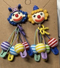 Whimsical Colorful Asymmetric 3D Resin Circus Clown Dangle Stud Earrings 2.5” picture