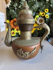 Antique Tibetan Copper Teapot Mixed Metal Dragons & Symbols 9”H Middle Eastern  picture