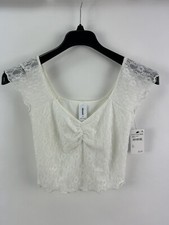 New ABOUND Women XS White Floral Lace Cap Sleeve Ruched Gathered Ruffle Crop Top picture