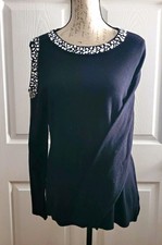 INC International Concepts Black Jeweled Sweater Women L Open Shoulder NWT picture