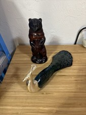 Vtg Peacock and Kodiak Bear Turquoise Blue and brown Glass Avon Bottles 1970's picture