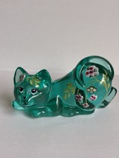 RARE-Fenton Art Glass Crouching Cat-Turquoise Blue Green-QVC “HIDDEN MOUSE” HTF picture