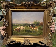Antique Oil Painting On Wood Cows Pasture Pastoral Landscape Ornate Frame Farm picture