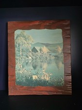 Vintage 1970s Lithograph Wood Plaque — Lakeside Cabin Scene picture