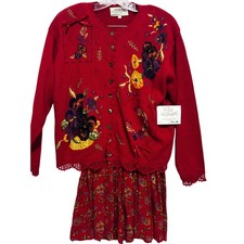 New Susan Bristol Red Floral Embroidered Cardigan & Midi Skirt Set L cottagecore picture