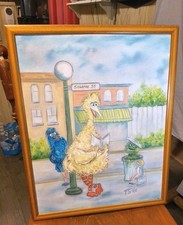 ​Vintage Sesame Street Orig Painting Big Bird Grover Signed Italian Frame 16x20 picture