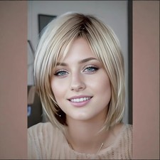 Women Face Framing Blonde Highlights Short Straight Bob Synthetic Full Wig Daily picture