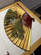 Vintage Asian Folding Wall Fan 20” Gold Eagle Pine Tree Oriental Decor picture