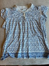 Lucky Brand Paisley Smocked Flutter Sleeve Peasant Top Tassel Tie Blue White 2X picture