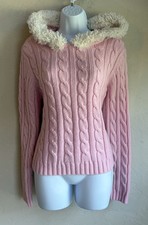 Vintage Y2K Decoded Pink Cable Knit Sweater Hoodie L Faux Fur Preppy Coquette picture