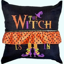 Embroidered Halloween The Witch is In Orange Polka Dot Ruffle Pillow Cover New picture
