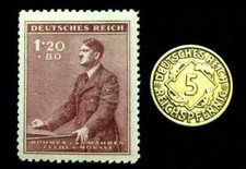 Authentic German WW2 Stamp & Antique 5 Pf Brass Coin - Historical Artifact picture